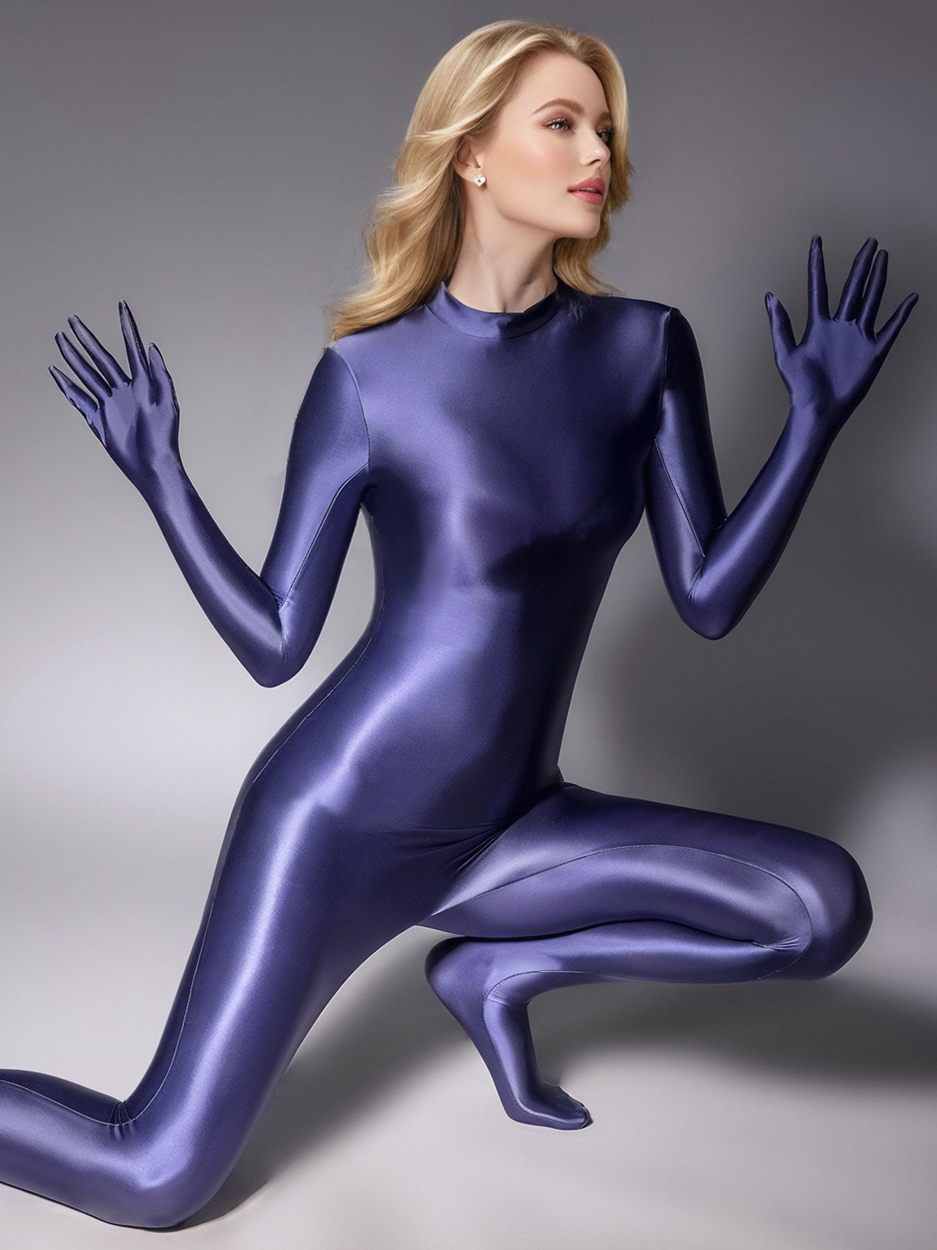 Metelam One-piece Satin Jumpsuit Turtleneck Footed Back Zipper Bodysuit with Finger Gloves.