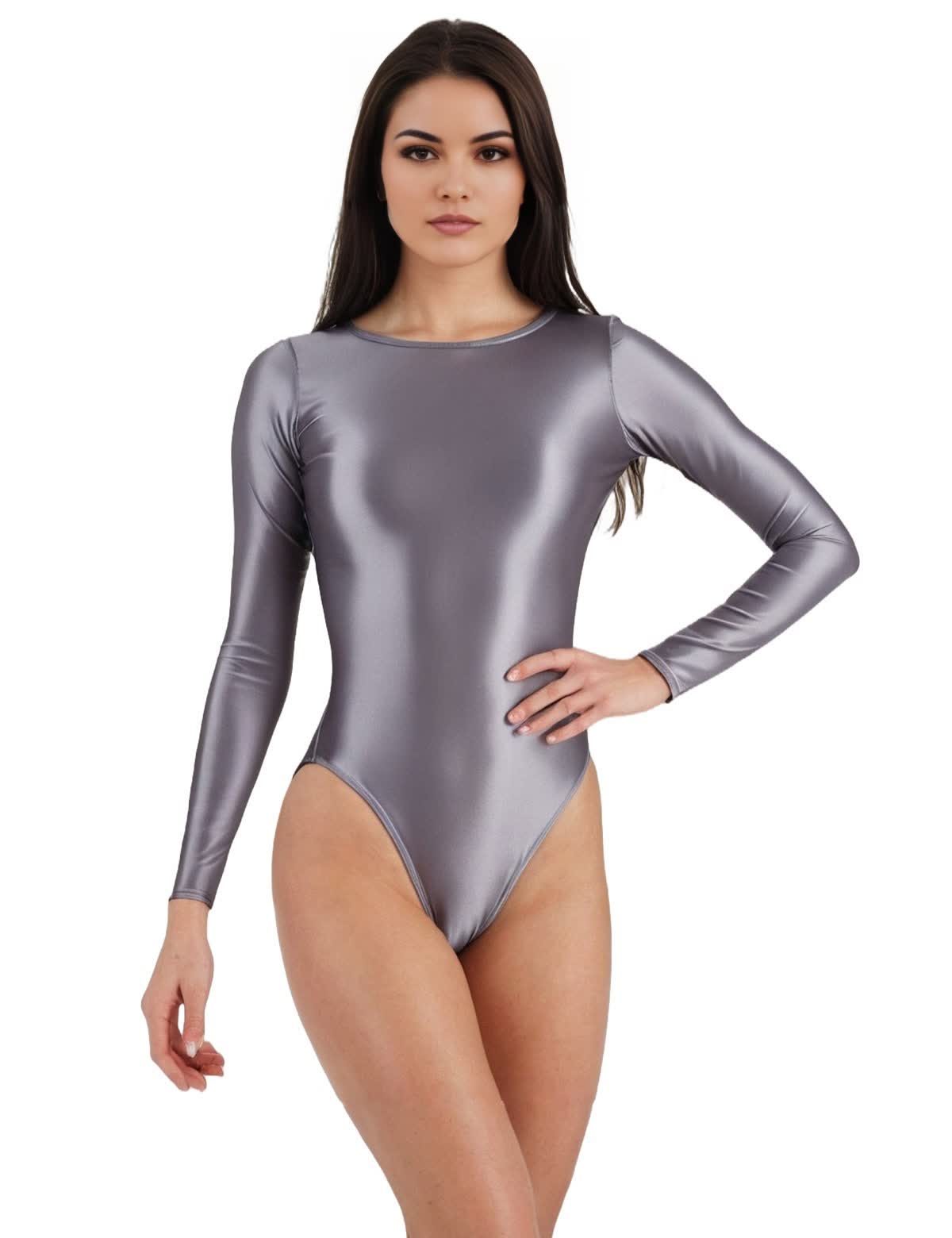 Metelam Women Glossy Satin Silky One-piece Long Sleeve Bodysuit Solid Color with Crotch Closure.