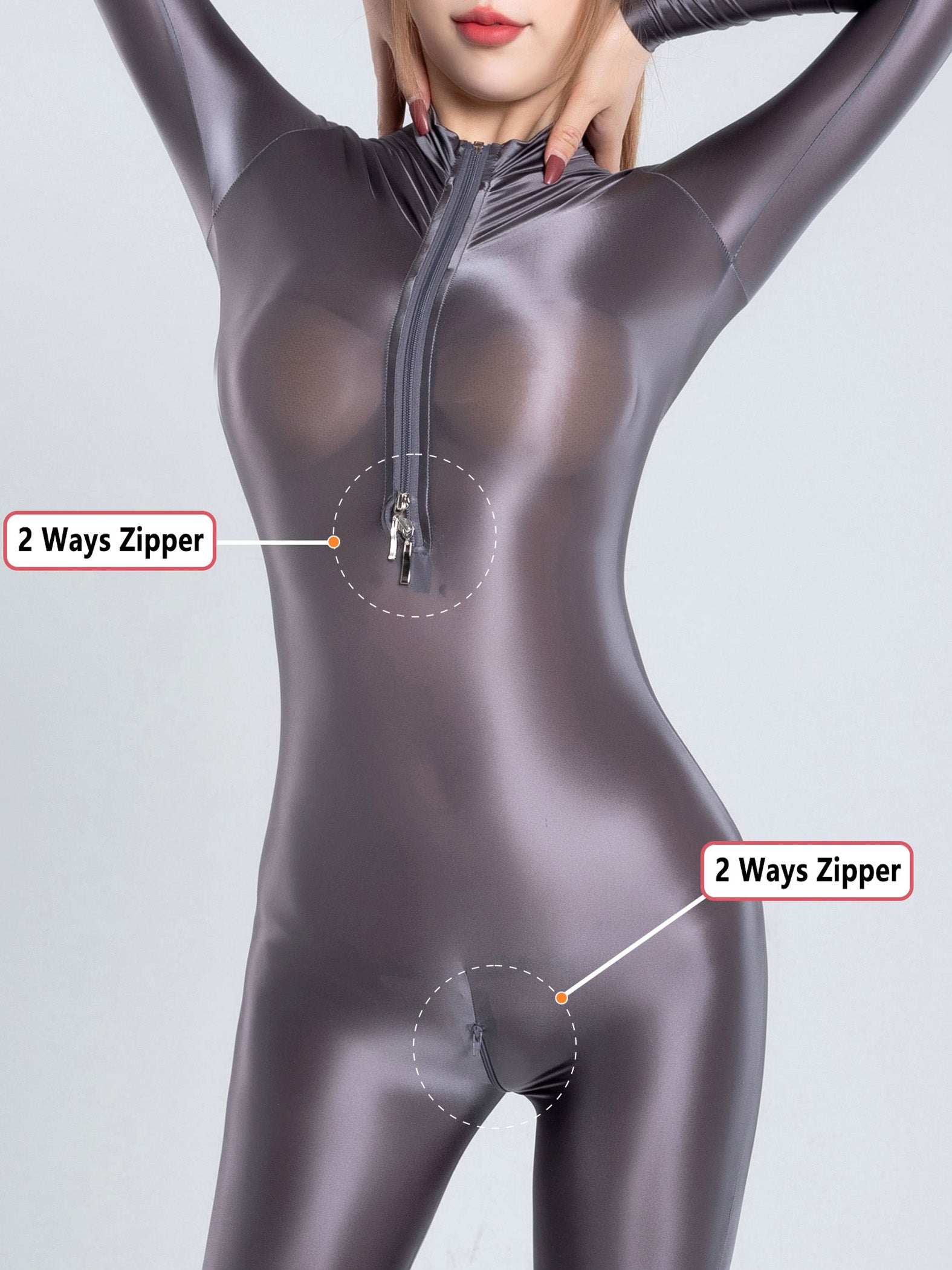 Metelam Womens Shiny Satin Glossy Silky Leotard Jumpsuit 2 Zipper Open Bust & Crotch Bodysuit Catsuit Playsuit.