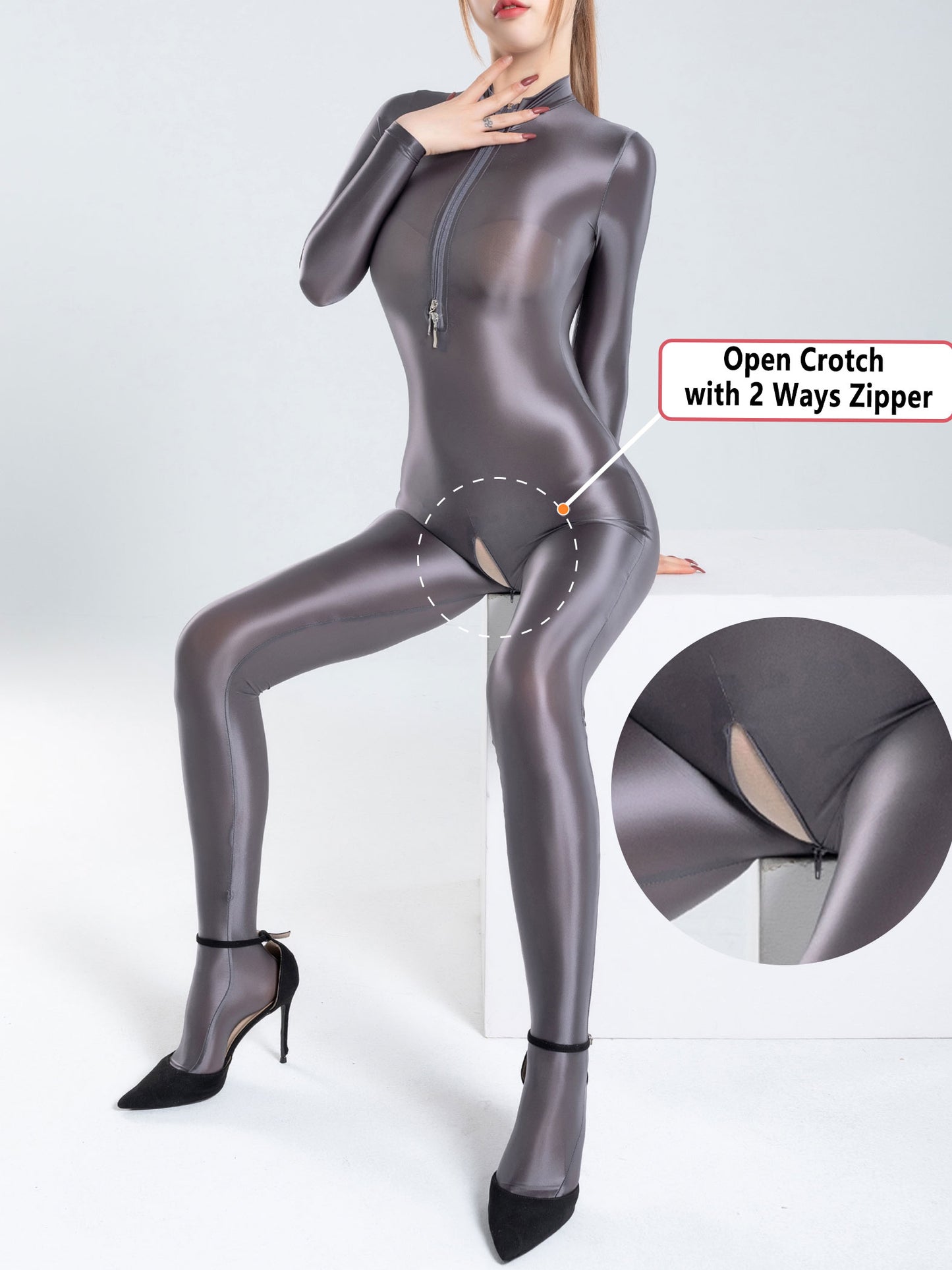 Metelam Womens Shiny Satin Glossy Silky Leotard Jumpsuit 2 Zipper Open Bust & Crotch Bodysuit Catsuit Playsuit.