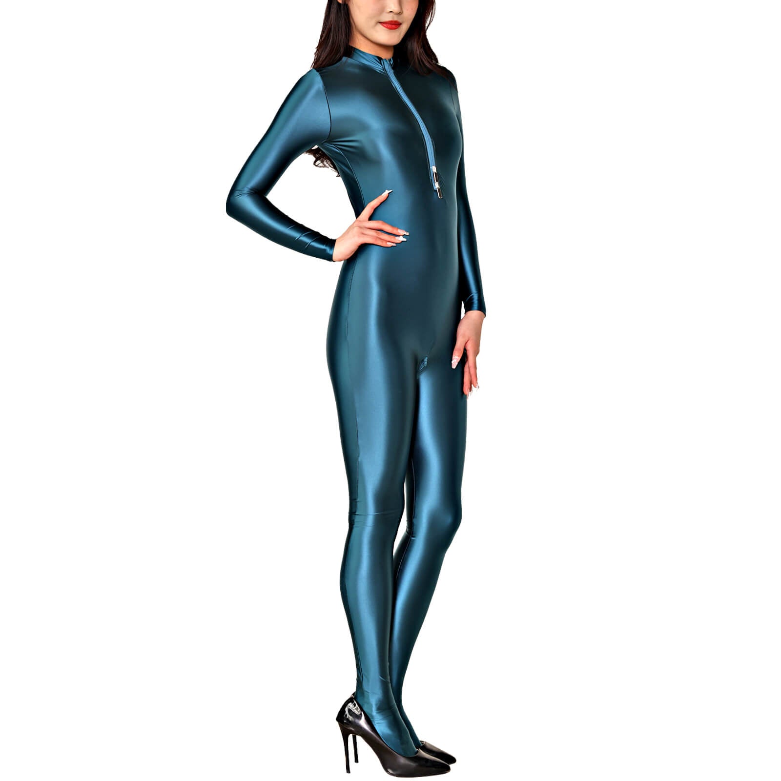 Metelam Womens Satin Glossy Jumpsuit Opaque Zipper Open Crotch Bodysuit Catsuit.