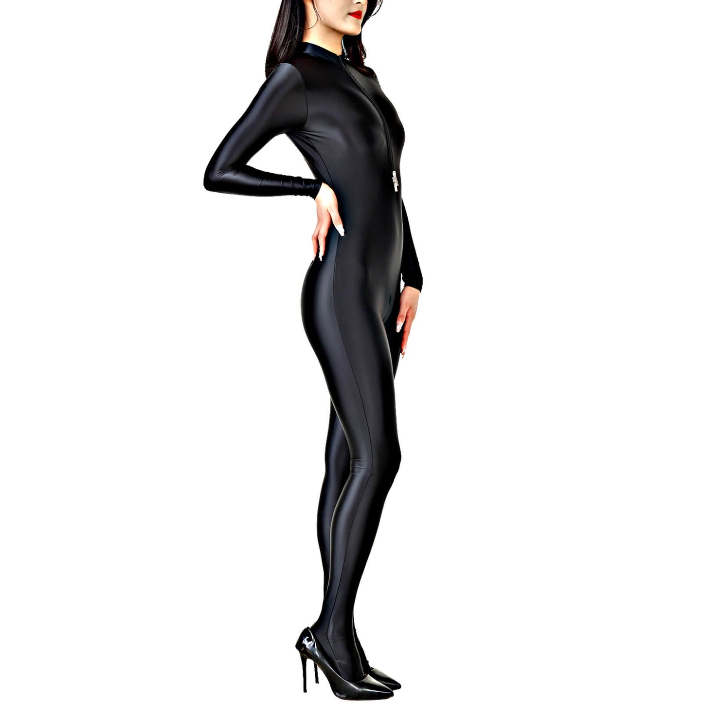 Metelam Womens Satin Glossy Jumpsuit Opaque Zipper Open Crotch Bodysuit Catsuit.