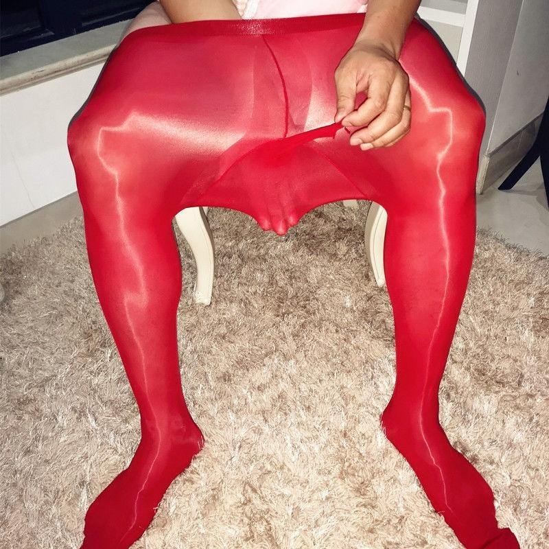 Mens High Waist Oil Shiny Elasticity Pantyhose Tights Sheath Open Underwear.