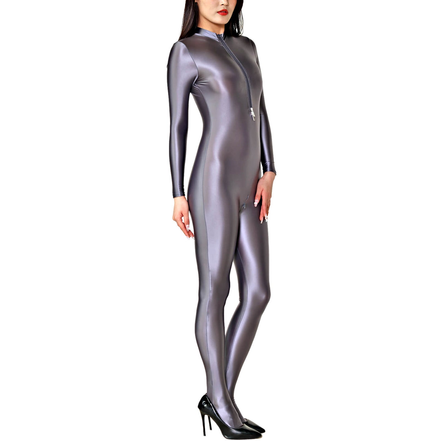 Metelam Womens Satin Glossy Jumpsuit Opaque Zipper Open Crotch Bodysuit Catsuit