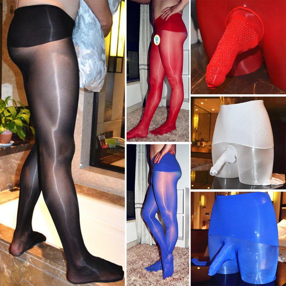 Mens Seamless Shiny Gloss Pantyhose Nylon Stockings Silicone Massage Tights.
