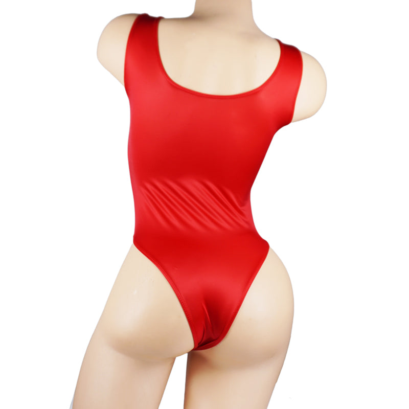 Satin Glossy Leotards One Piece Swimsuit Sexy High-Cut Open Crotch Bikini Thong Bodysuit Women Glitter Shiny Bathing Plus Size.