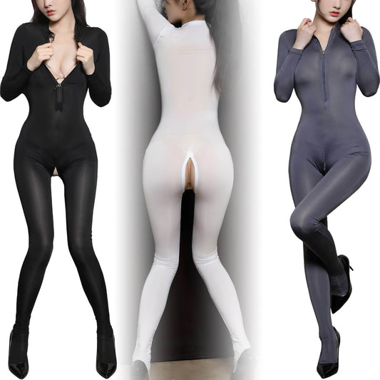 Metelam Women Semi Sheer Silky Long Sleeve Footed Leotard Crotch Zipper Catsuit.