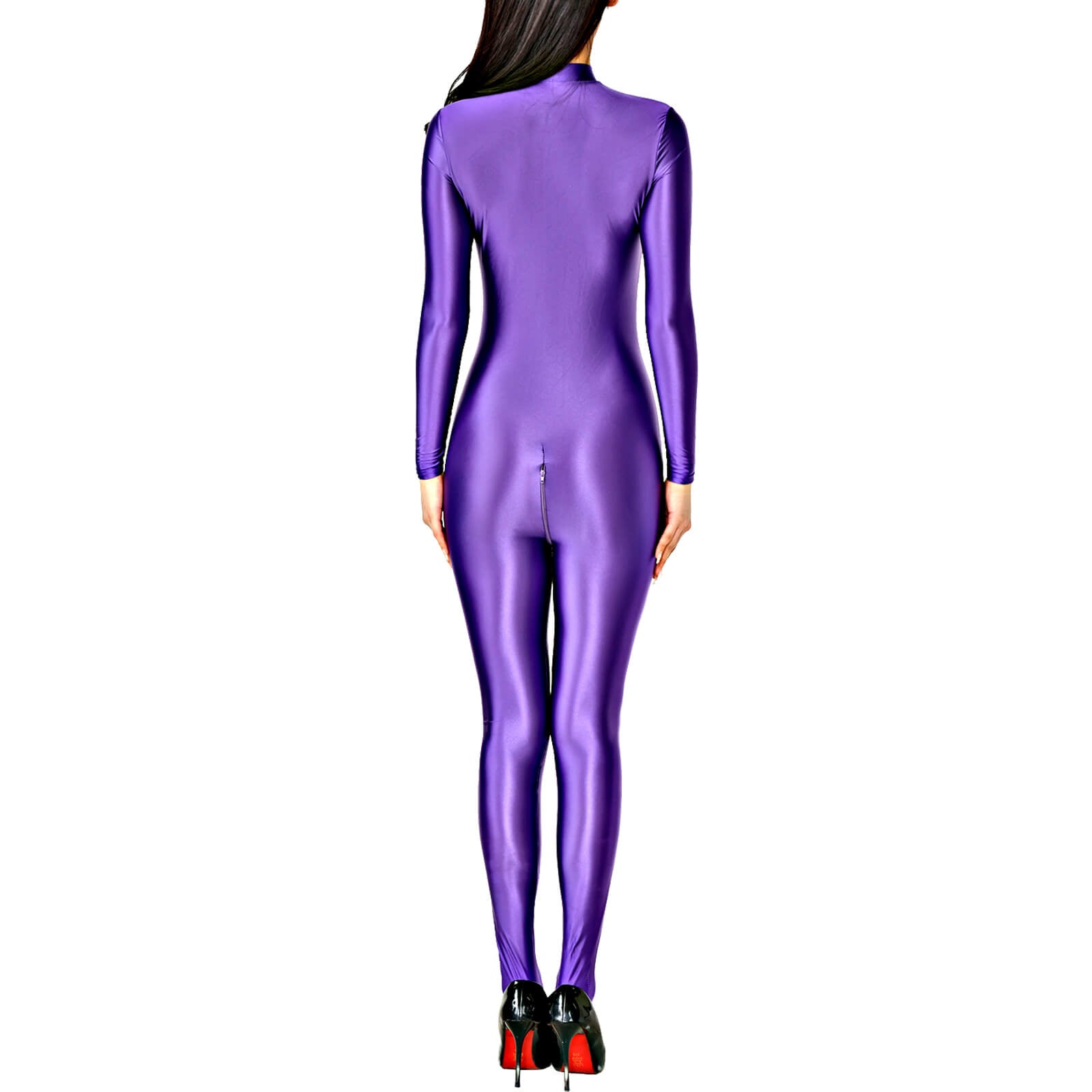 Metelam Womens Satin Glossy Jumpsuit Opaque Zipper Open Crotch Bodysuit Catsuit.