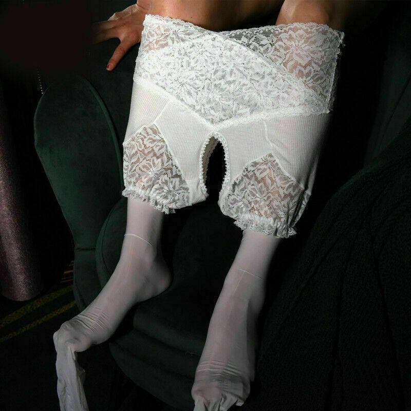 Women Glossy Sheer Stockings with Lace Panties Crotchless.