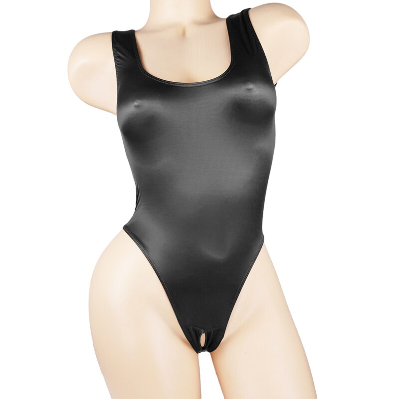 Satin Glossy Leotards One Piece Swimsuit Sexy High-Cut Open Crotch Bikini Thong Bodysuit Women Glitter Shiny Bathing Plus Size.