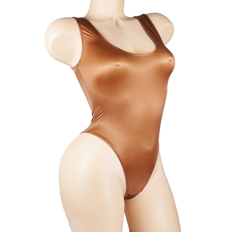 Satin Glossy Leotards One Piece Swimsuit Sexy High-Cut Open Crotch Bikini Thong Bodysuit Women Glitter Shiny Bathing Plus Size.