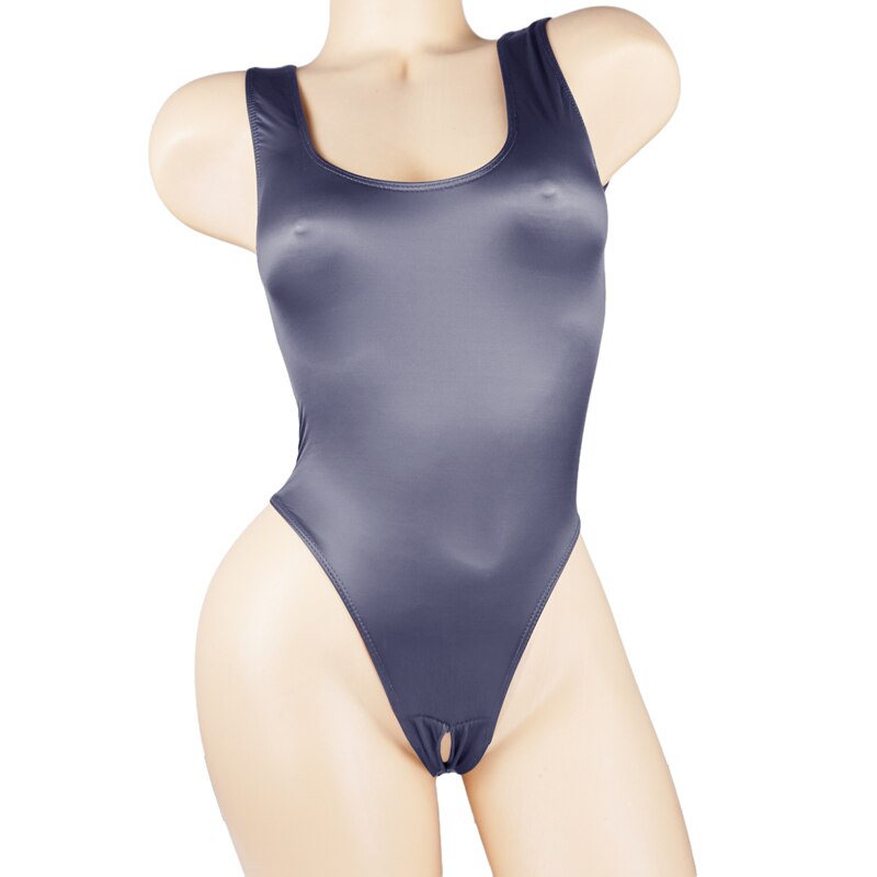 Satin Glossy Leotards One Piece Swimsuit Sexy High-Cut Open Crotch Bikini Thong Bodysuit Women Glitter Shiny Bathing Plus Size.