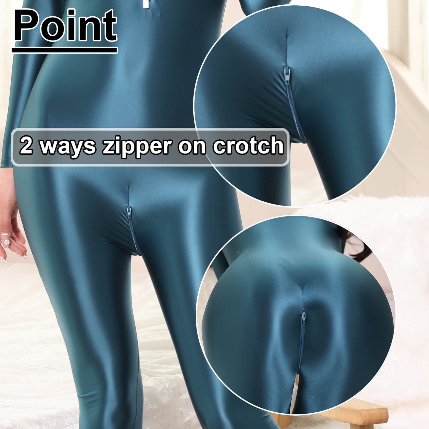 Metelam Womens Satin Glossy Jumpsuit Opaque Zipper Open Crotch Bodysuit Catsuit.