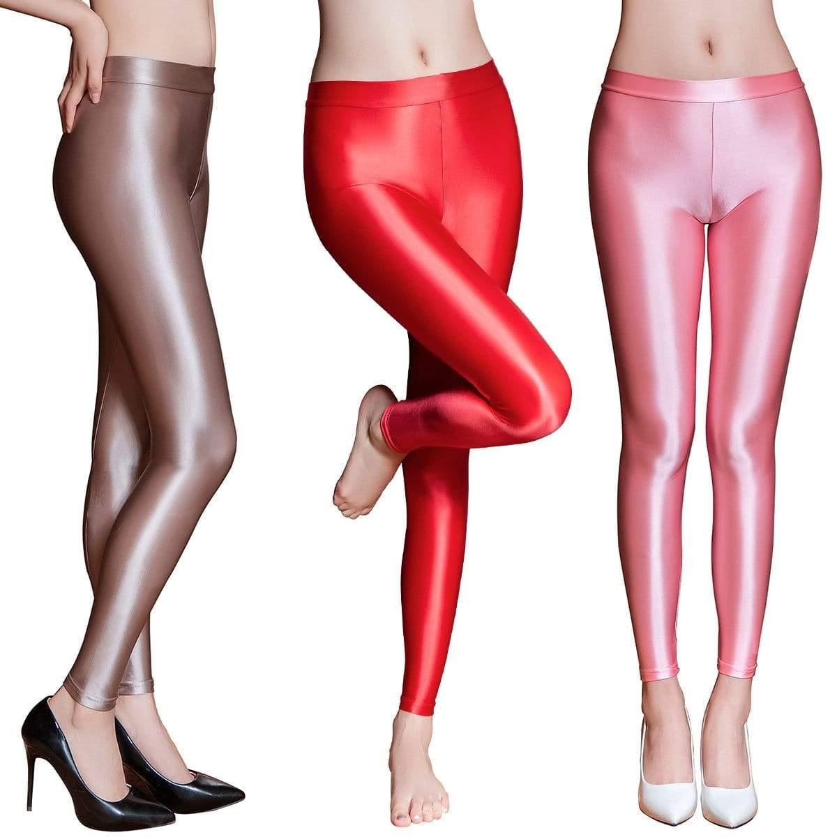 Women Oil Glossy Open Crotch Leggings Nylon Solid Color Sport Yoga Skinny  Pants
