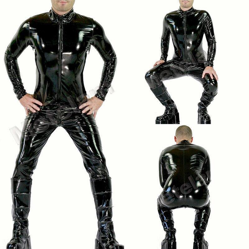 Mens Sexy Shiny WetLook Bodysuit PVC Leather Catsuit Long Sleeve Zipper Jumpsuit.
