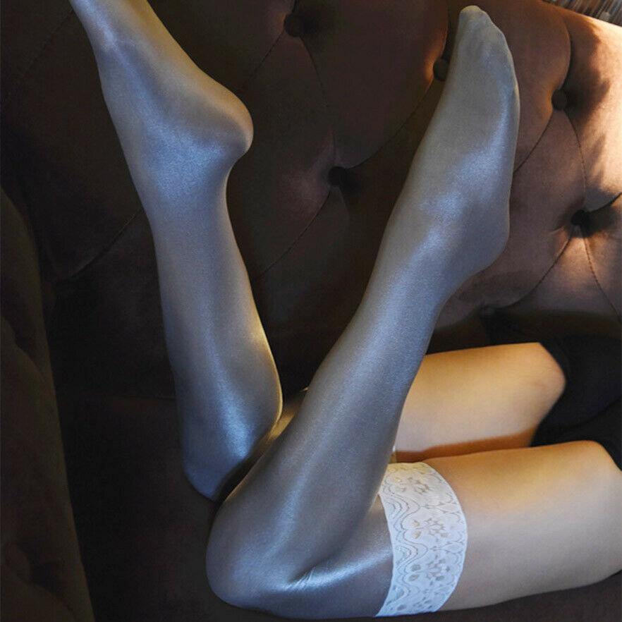 Women 70D Ultra Shiny Gloss Lace Top Silicone Stay Up Nylon Thigh High Stockings.