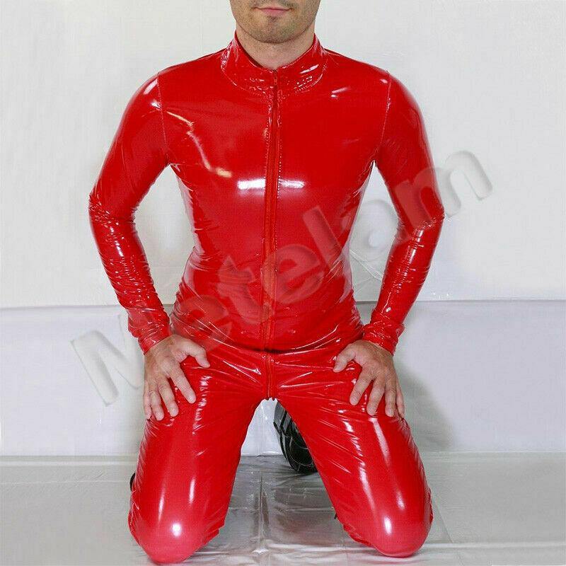 Mens Sexy Shiny WetLook Bodysuit PVC Leather Catsuit Long Sleeve Zipper Jumpsuit.