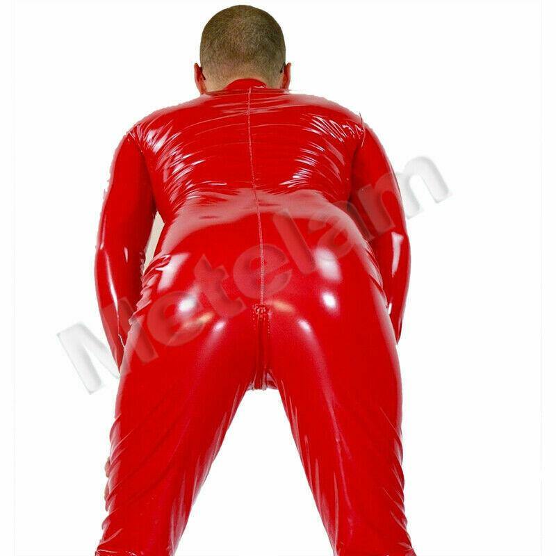 Mens Sexy Shiny WetLook Bodysuit PVC Leather Catsuit Long Sleeve Zipper Jumpsuit.