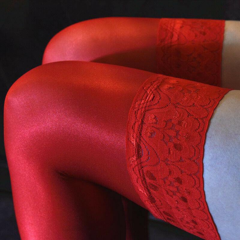 Women 70D Ultra Shiny Gloss Lace Top Silicone Stay Up Nylon Thigh High Stockings.