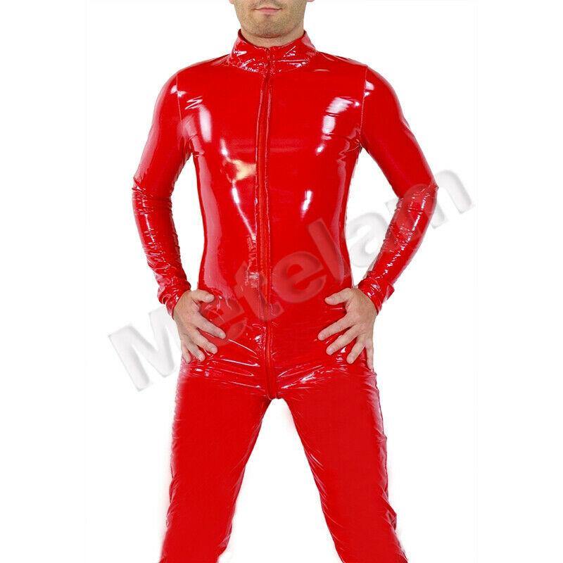 Mens Sexy Shiny WetLook Bodysuit PVC Leather Catsuit Long Sleeve Zipper Jumpsuit.