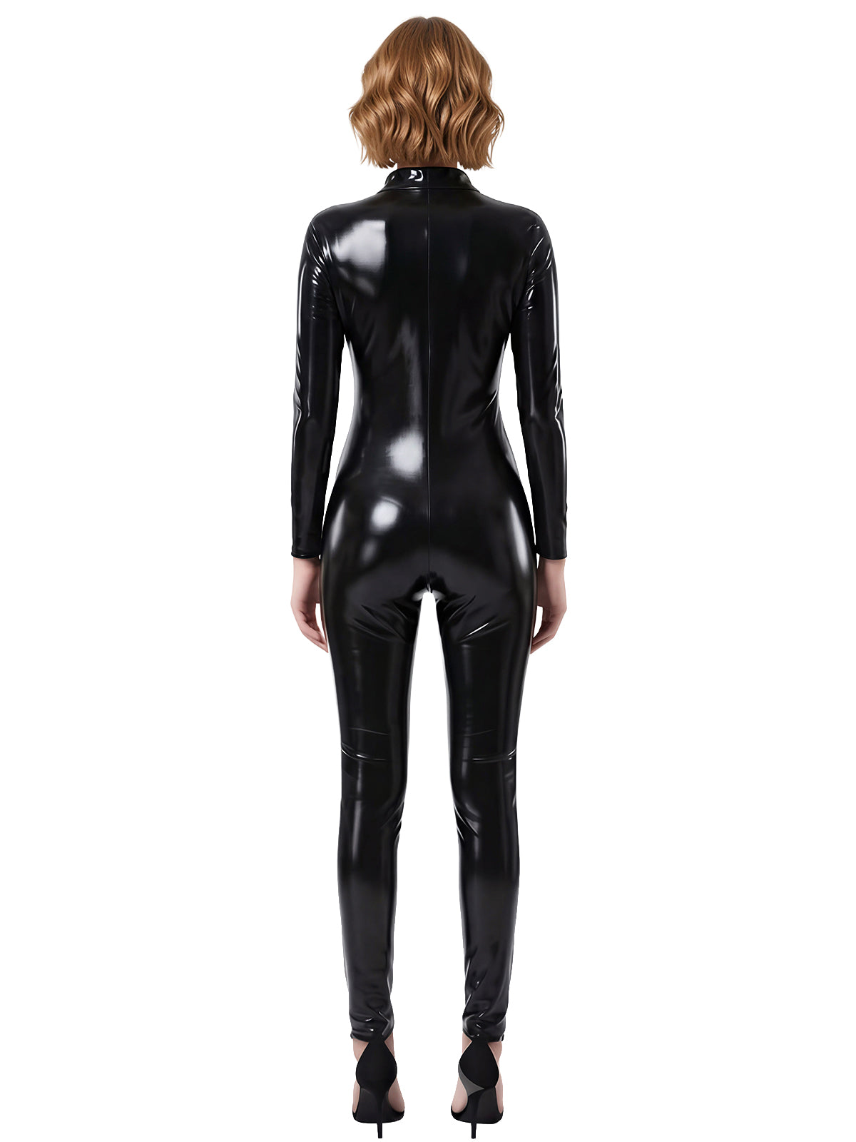 Women's super shiny leather bodysuit black detail