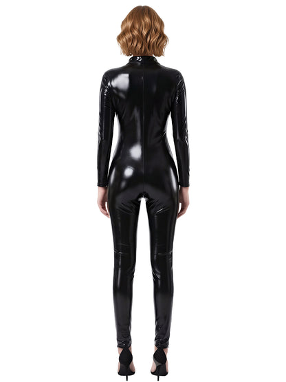 Women's super shiny leather bodysuit black detail