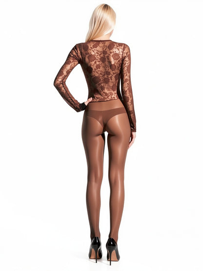 Metelam Women's Shiny Glossy Sheer Lace Jumpsuit Zip Front Long Sleeve Bodysuit Romper