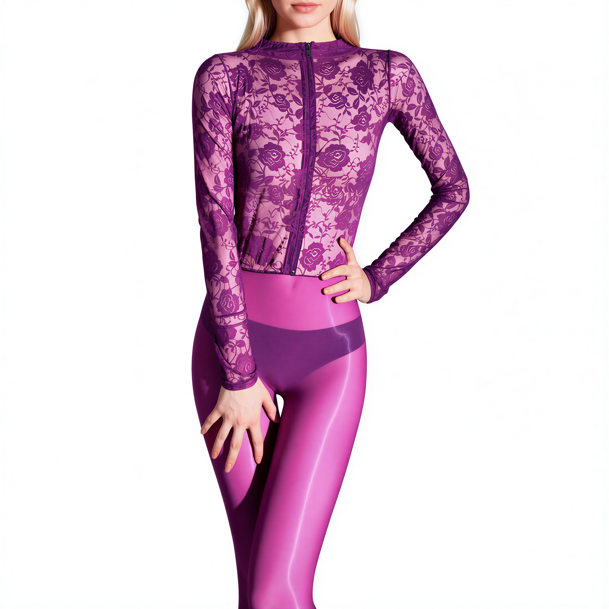 METELAM women's purple glossy lace catsuit bodysuit