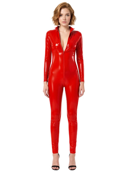 Women's super shiny leather bodysuit red front view