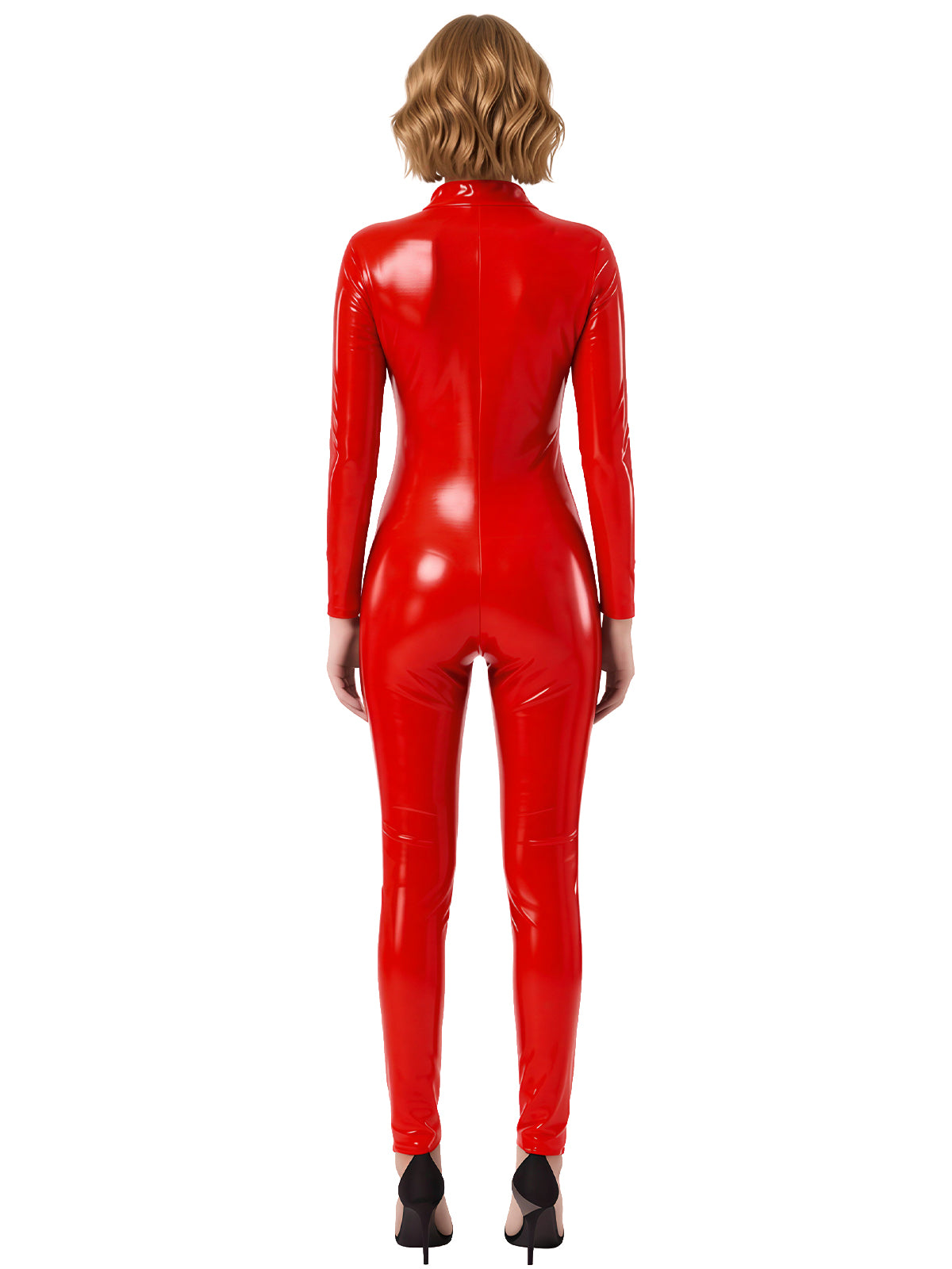 Women's red leather-look bodysuit fit detail