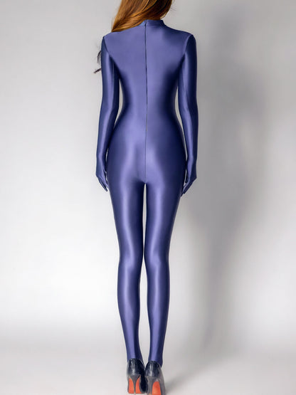 Metelam One-piece Satin Jumpsuit Turtleneck Footed Back Zipper Bodysuit with Finger Gloves.