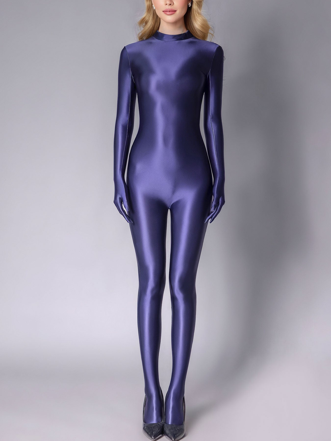 Metelam One-piece Satin Jumpsuit Turtleneck Footed Back Zipper Bodysuit with Finger Gloves.