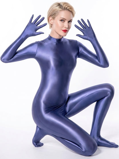 Metelam One-piece Satin Jumpsuit Turtleneck Footed Back Zipper Bodysuit with Finger Gloves