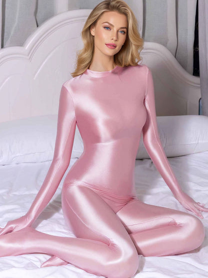 Metelam One-piece Satin Jumpsuit Turtleneck Footed Back Zipper Bodysuit with Finger Gloves.
