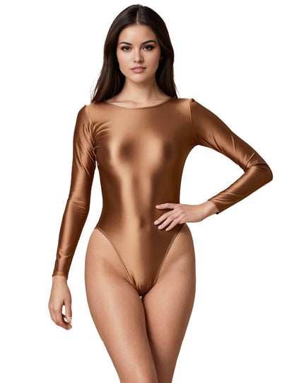 Metelam Women Glossy Satin Silky One-piece Long Sleeve Bodysuit Solid Color with Crotch Closure