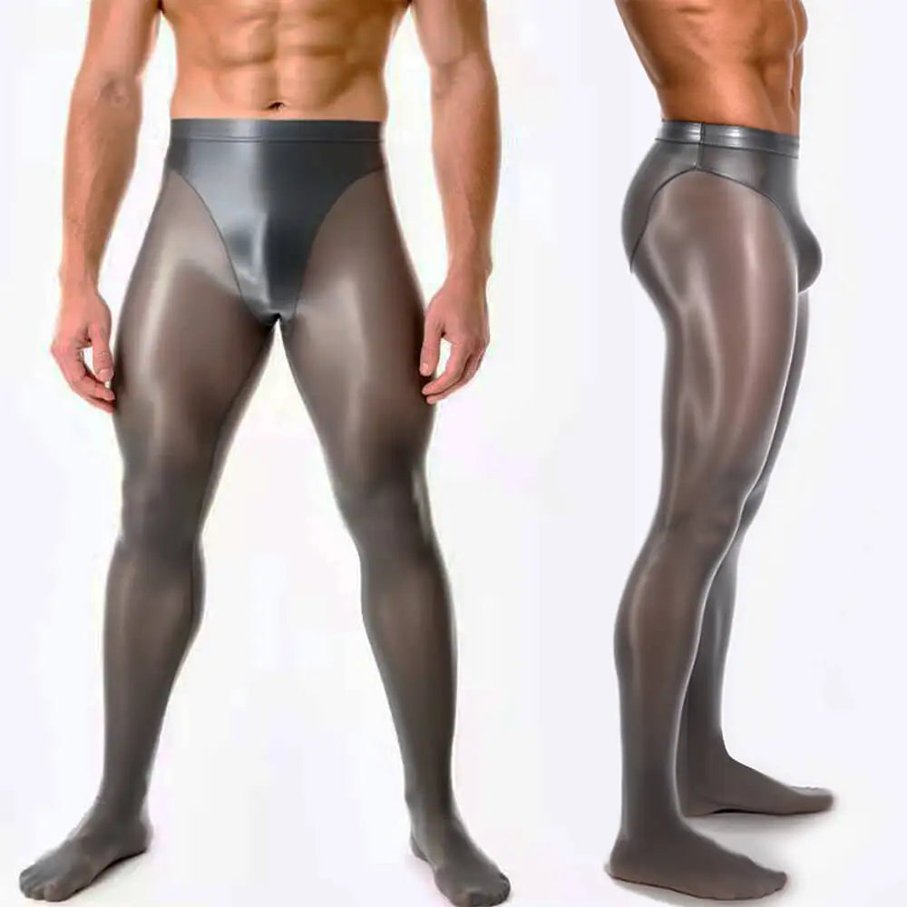 Men's glossy sheer high-stretch footed pantyhose tights with patchwork brief design