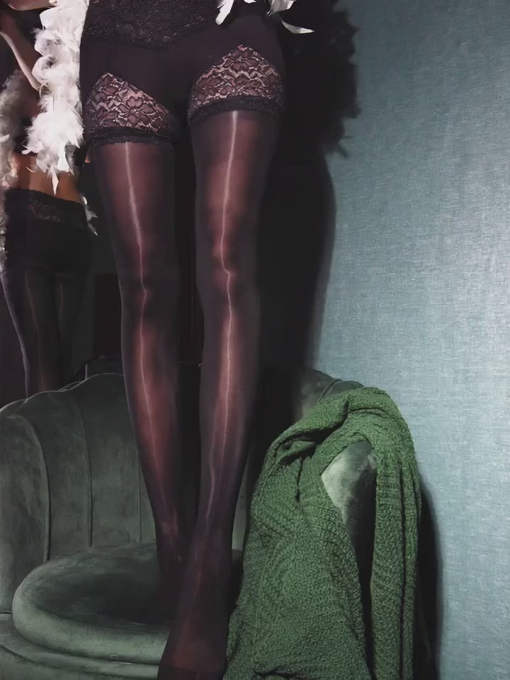 Women Glossy Sheer Stockings with Lace Panties Crotchless.