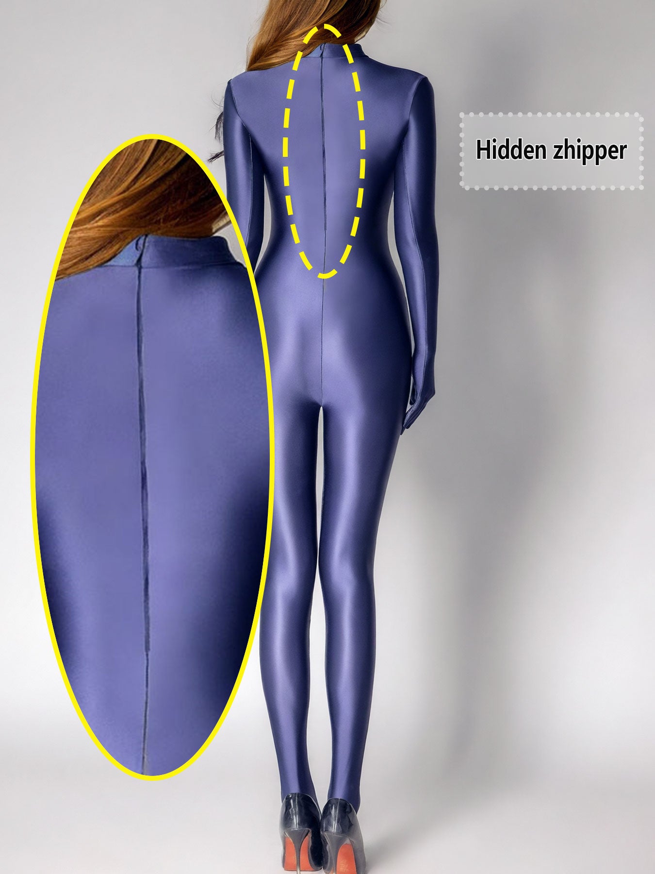 Metelam One-piece Satin Jumpsuit Turtleneck Footed Back Zipper Bodysuit with Finger Gloves.