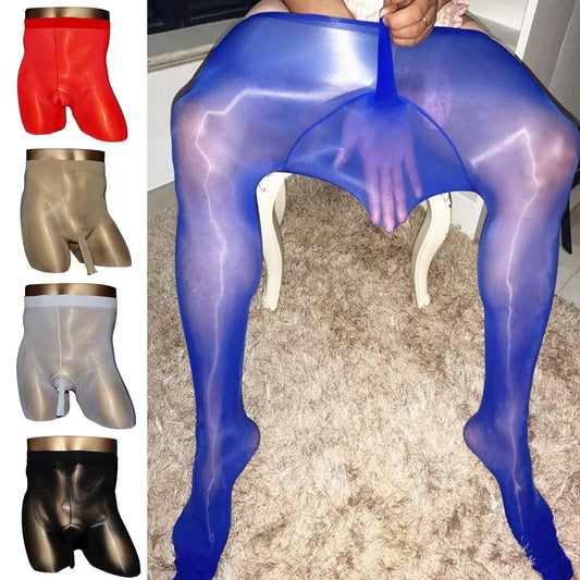 Mens High Waist Ultrathin Oil Shiny Elasticity Pantyhose Stockings Tights Sheath Open Underwear (JJ Opened)-pantyhose-Metelam