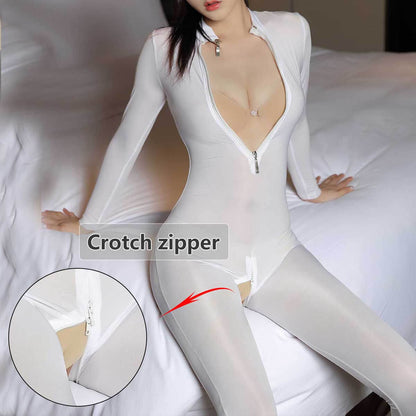 Metelam Women Semi Sheer Silky Long Sleeve Footed Leotard Crotch Zipper Catsuit