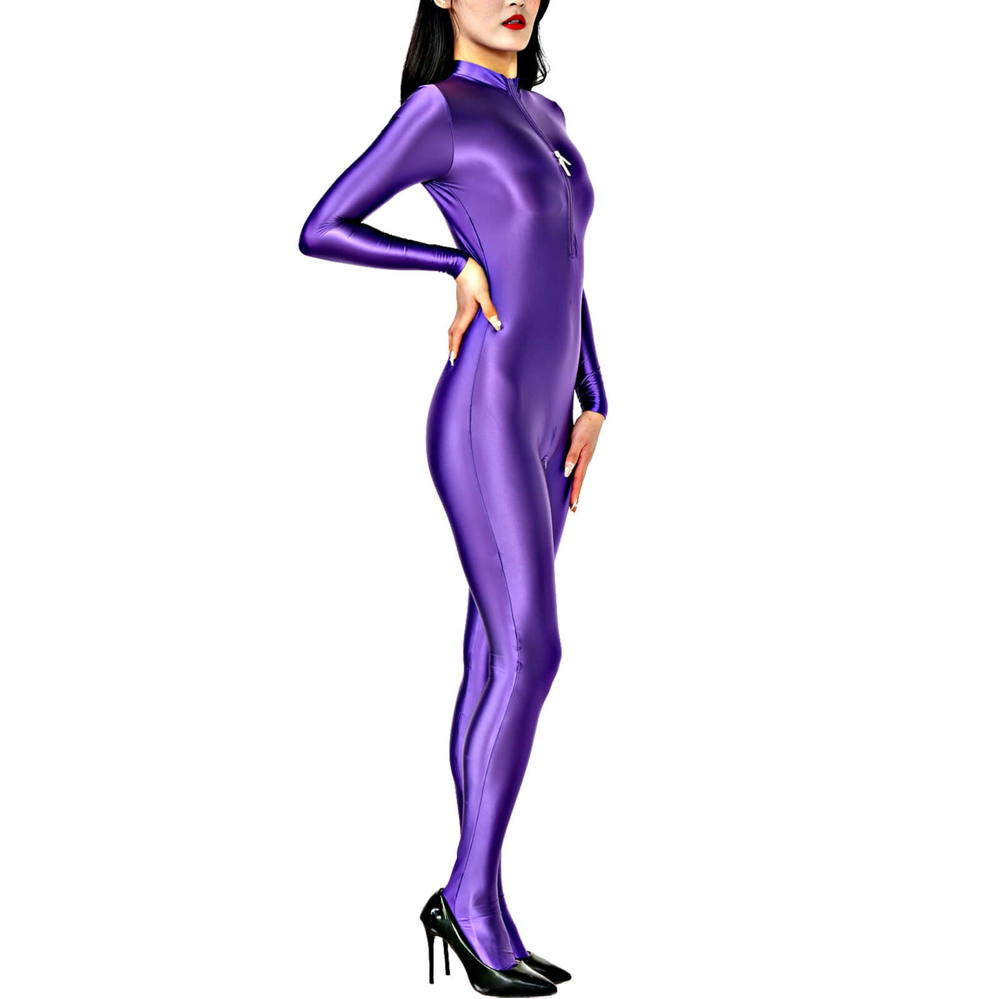 Metelam Womens Satin Glossy Jumpsuit Opaque Zipper Open Crotch Bodysuit Catsuit