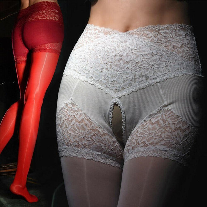 Women Glossy Sheer Stockings with Lace Panties Crotchless - Metelam