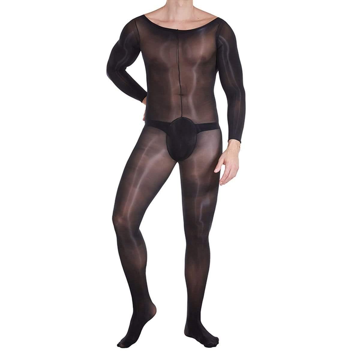 Mens High Sheath Elastic 8 Denier Shiny Bodystocking with Penis Sheath Crotchless - Metelam