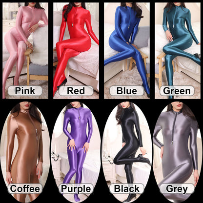 Metelam Womens Satin Glossy Jumpsuit Opaque Zipper Open Crotch Bodysuit Catsuit