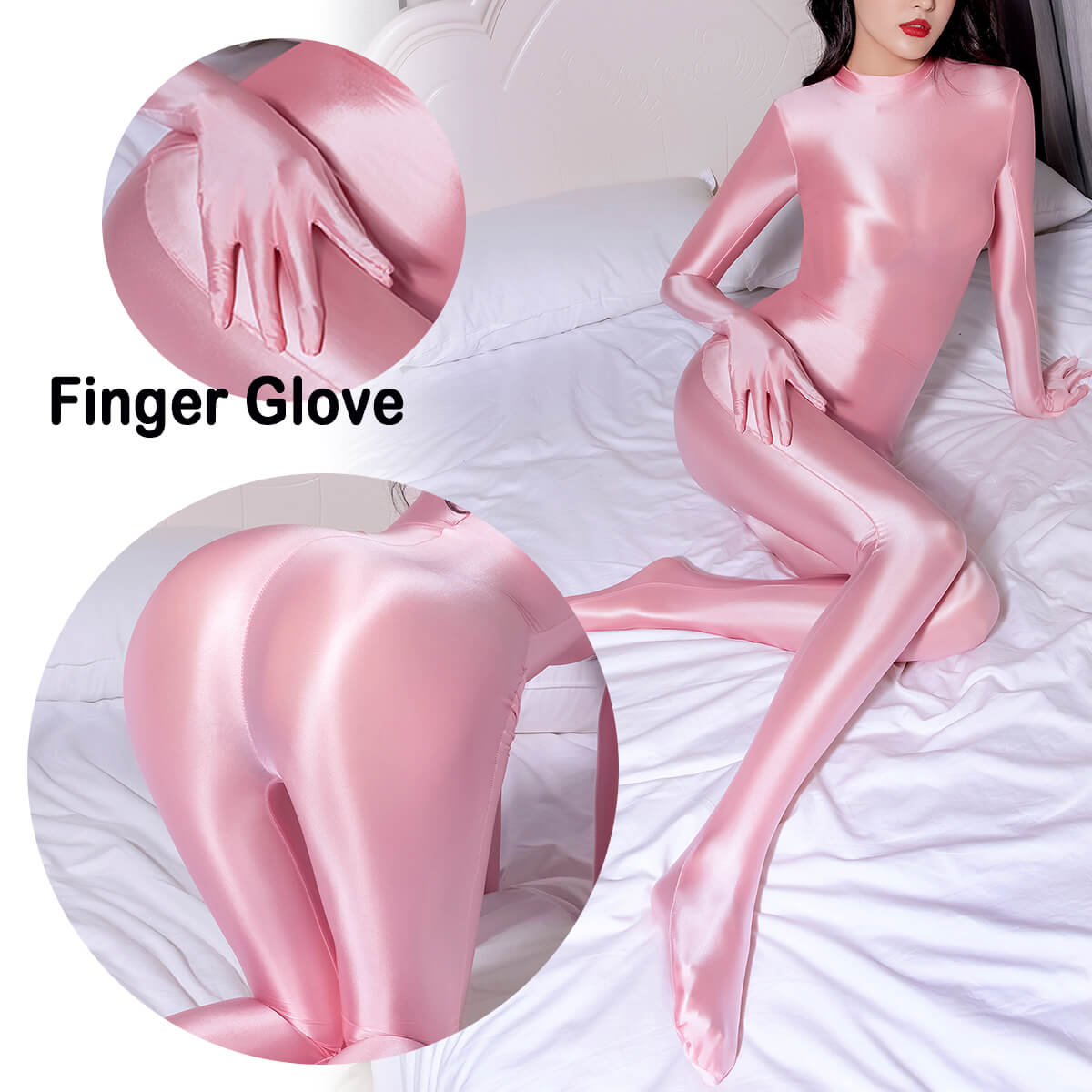 Metelam One-piece Satin Jumpsuit Turtleneck Footed Back Zipper Bodysuit with Finger Gloves