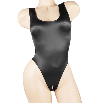 Satin Glossy Leotards One Piece Swimsuit Sexy High-Cut Open Crotch Bikini Thong Bodysuit Women Glitter Shiny Bathing Plus Size