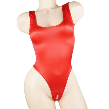 Satin Glossy Leotards One Piece Swimsuit Sexy High-Cut Open Crotch Bikini Thong Bodysuit Women Glitter Shiny Bathing Plus Size