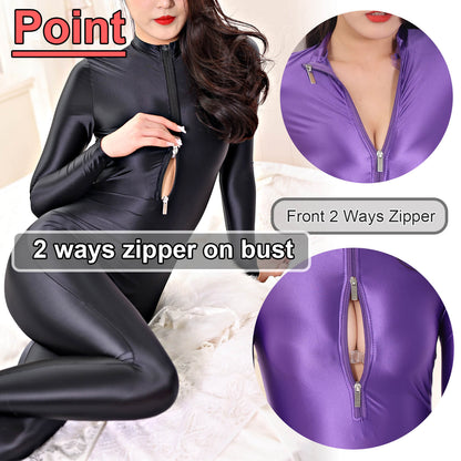 Metelam Womens Satin Glossy Jumpsuit Opaque Zipper Open Crotch Bodysuit Catsuit