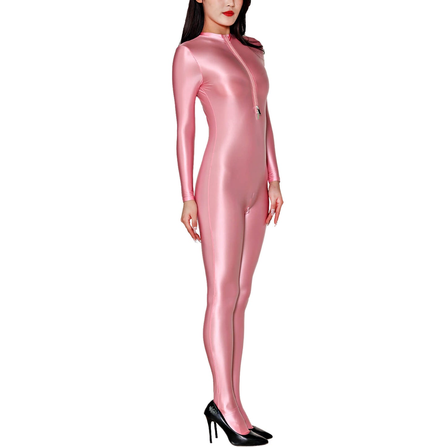 Metelam Womens Satin Glossy Jumpsuit Opaque Zipper Open Crotch Bodysuit Catsuit