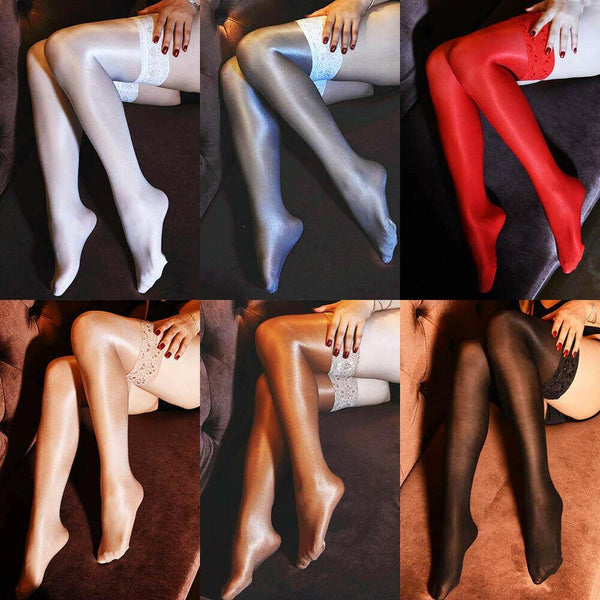 Women 70D Ultra Shiny Gloss Lace Top Silicone Stay Up Nylon Thigh High Stockings - Metelam